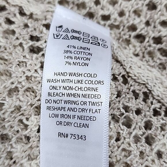 Woven Neutral Tan Long Open Cardigan Sweater Tahari Size L Minmalist Fisherman - Picture 8 of 9